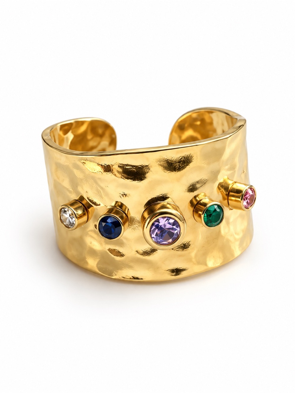 Gold- Plated Hammered Cuff Ring with Multi-Colored Gemstones Adjustable